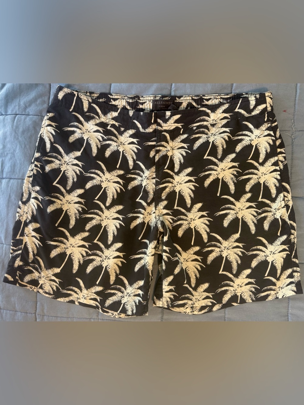 AllSaints Santa Cruz Swim Trunks Mens L Black Palm Tree Print Mesh Lined Shorts